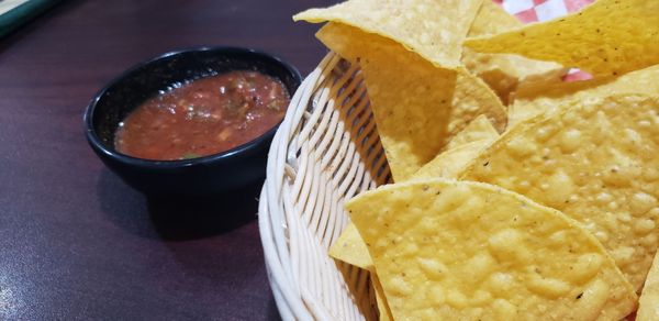 Chips & Salsa. Salsa has a great Spice to it! It's rare that we find salsa around with good heat! Highly suggest!