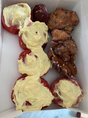 Red Velvet cinnamon rolls, Apple/Blueberry/Strawberry Banana Fritters