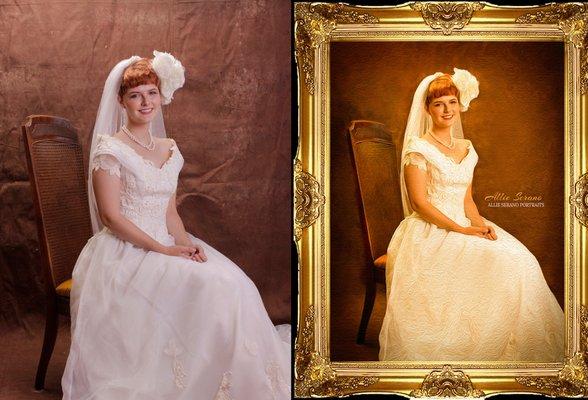 A Bridal Painting: Before (L - a portrait shot with a camera), After - R (finished framed painting)