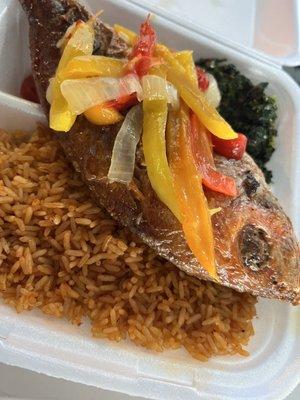 Whole fish, Jollof rice with spinach