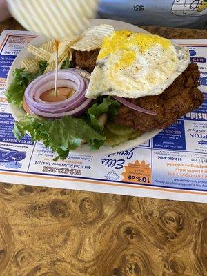 Tenderloin burger and egg and mega breakfast.