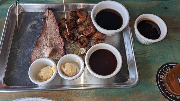 Sampler 2 meat Italian sausage and brisket cornbread. Super hot sauce on the side.