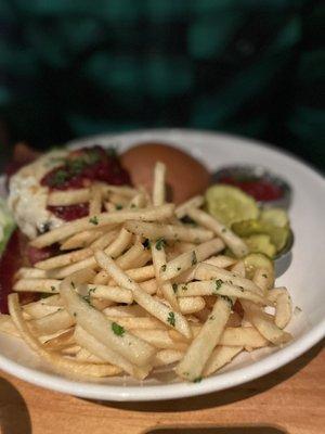 Truffle fries (the awesome burger hidden behind them)