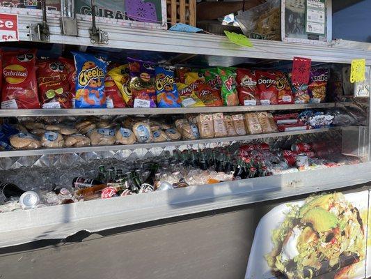 Snack and drink options at Tacos El Rulas in Berkeley.