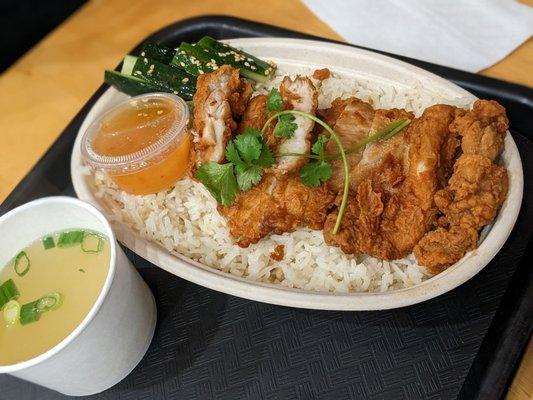 Crispy gai with chicken rice, hoi an sauce, and chicken soup.