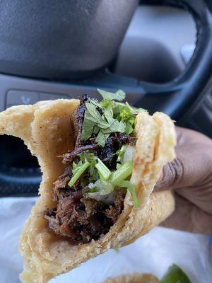 Inside of cabeza taco. Meat not well seasoned and kind of dry