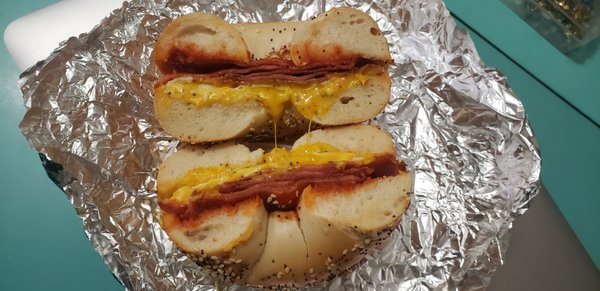 Taylor ham egg and cheese everything bagel pepper ketchup