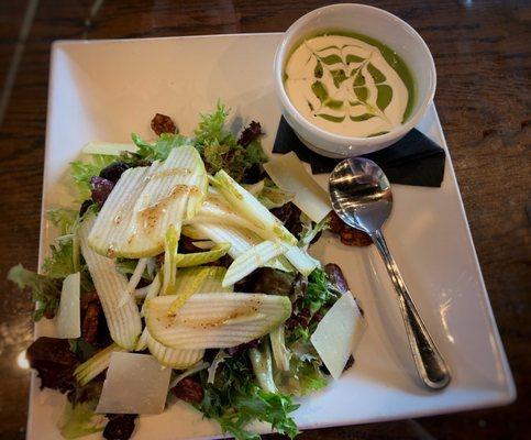 Shaved Pear & Spicy Pecan Salad with cup of Cucumber Bisque