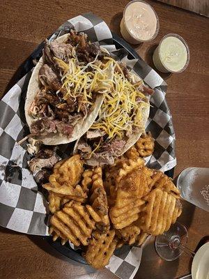 Pulled pork tacos with waffle fries