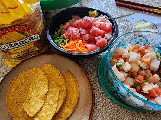 Lunch after Tony's. Poke bowl, tostadas, and shrimp ceviche.