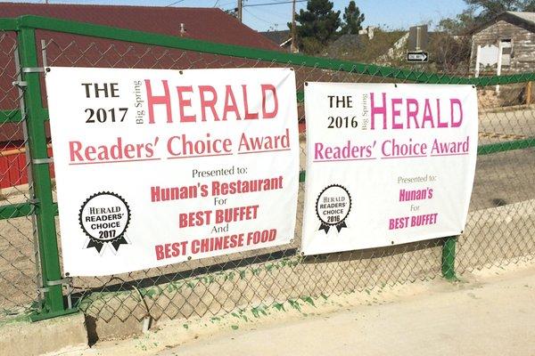 Hunan's Restaurant has been a Big Spring Herald Reader's Choice Award for 2016 (Best Buffet) and 2017 (Best buffet and Best Chinese Food).