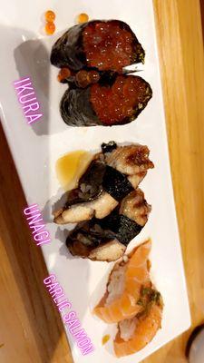 Ikura, unagi, garlic salmon