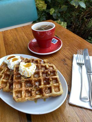 Sourdough Waffles: Crispy, caramelized perfection with maple syrup & whipped butter. Weekend brunch dreams, served daily!  #BrunchVibes