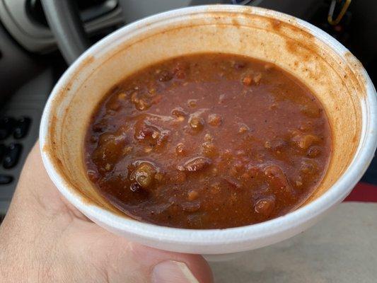 Chili after using up my pita bread. Good, plus spicy.