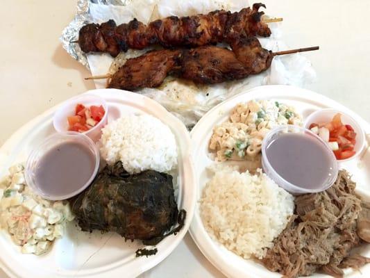 BBQ Teriyaki Chix Skewers (RAW inside), 9.  |  Kalua Pork or Lau Lau with Lomi Lomi Salmon, 11.  (served w/ mac salad, rice & poi)