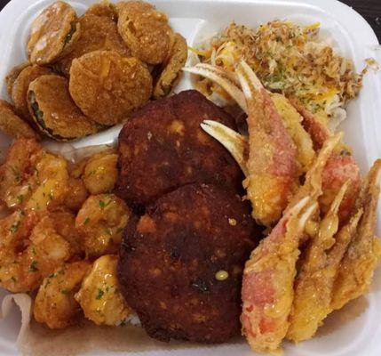 Deep fried shrimp 
Salmon patties
Crab claws
Fried pickles 
Crab cheese garlic Mashed potatoes