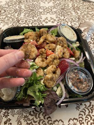 Strawberry Fields salad with incredibly small shrimp.