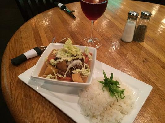 Filipino Braised Beef (soy, coconut milk, sherry vinegar) with Cabbage, Carrot, Potato, and Garlic. Served with rice.