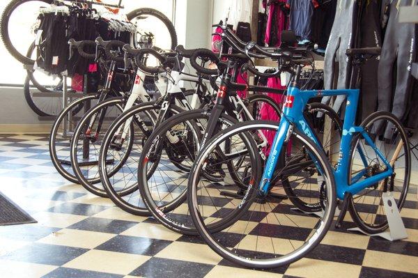 We carry Kona, Scott, Argon and Cervelo bikes.