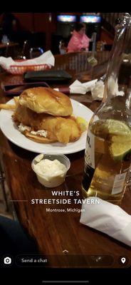 Fish sandwich with coselaw (done the right way), corona with lime, patrons, dj booth