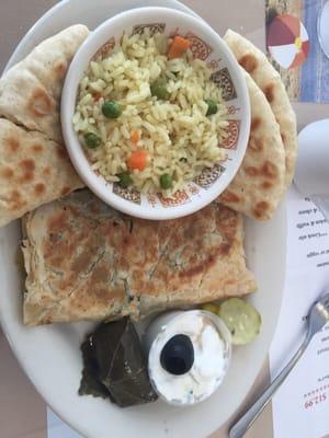 Greek pita, spinach pie, stuffed grape leaf.