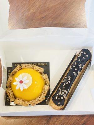 Exotic (left: pistachio crust w/ mango & passion fruit mousse); Chocolate Eclair (right)!