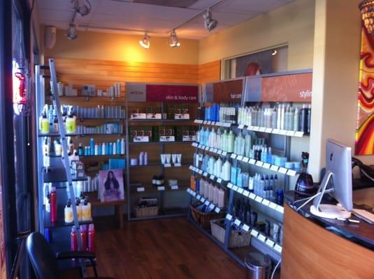 Evolution Salon Retail area, we carry AVEDA, Bumble and Bumble, Moroccan Oil and Dermalogica