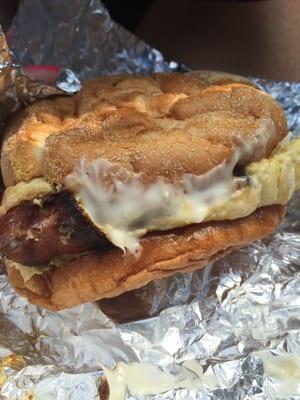 Turkey bacon, egg, and cheese on a Kaiser roll