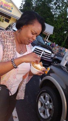 Mom enjoying her Mother's Day butter pecan waffle bowl