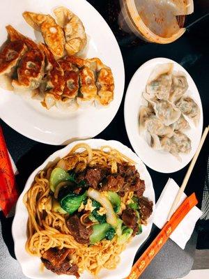 Yum pan fried dumplings, steamed dumplings, and brisket noodles!