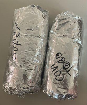 Super burrito in the left, regular on the right. You be the judge.