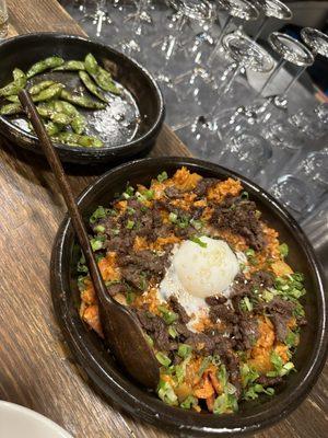 Kimchi fried rice and edamame