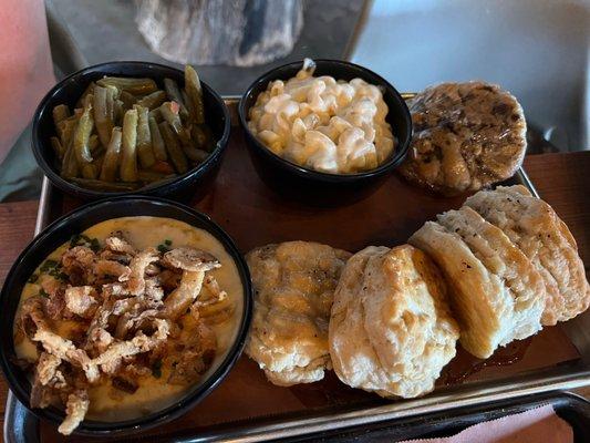 Mac and Cheese, Green Beans, Creamed Corn, Buttermilk Biscuits, and Espresso Chocolate Chip Cookie