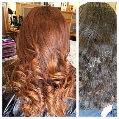 From brown to a fiery red balayage. Color and style done by Carole.