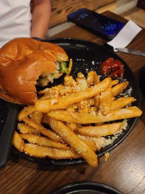 Burger and garlic fries