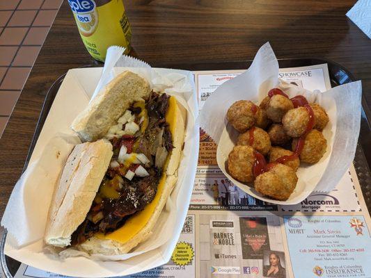 Brisket grinder and fried mushrooms