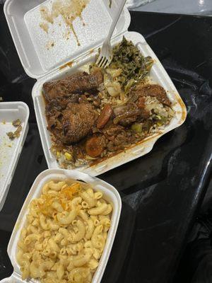 Brown Stew Chicken, cabbage, greens, rice w/vegggies, Mac n cheese