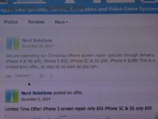 Facebook special advertiment.  extending ...repair specials through January....Iphone5 :$55... ".