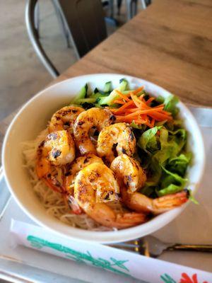 Bún Chả Tôm -- Vermicelli Char broiled Shrimp with vegetables; comes with a side bowl of nước mắm (fish sauce)