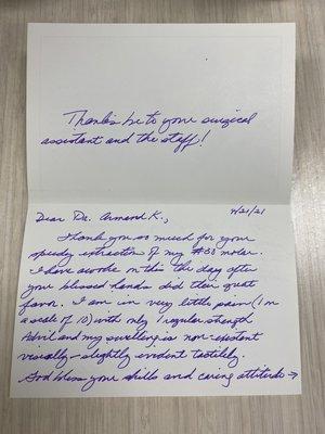 We receive a very lovely thank you card from one of our patients to Dr. Armand, our fabulous oral surgeon! We appreciate your kind words!