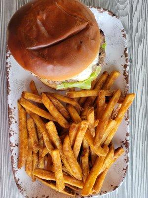 Lamb burger with fries