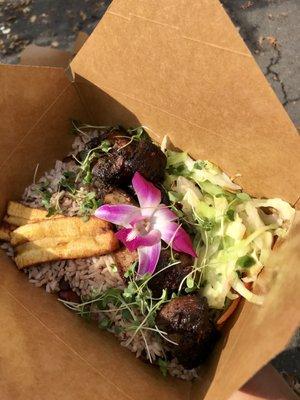 Mouth watering tender Authentic jerk pork, served with rice & peas, stir fry cabbage & plantain