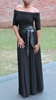 Fabric: ITY knit and faux leather Folded off the shoulder maxi with OBI convertaible belt!