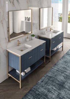 Lacava two vanities with satin gold trim and Horizon Blue finish