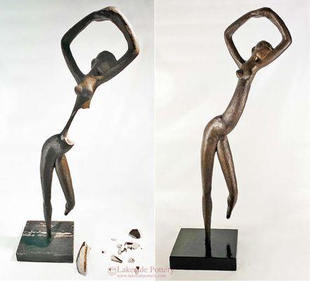 Broken large plaster statue with bronze effect and wooden base before and after repair