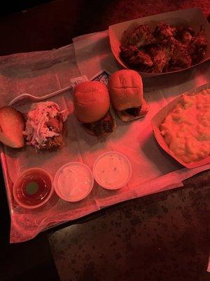 Sliders, chicken wings, and mac