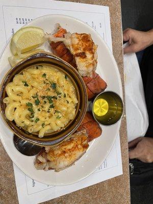 Two lobster tails with Mac and cheese. Around $16 Mac and cheese could use more seasoning but still good.