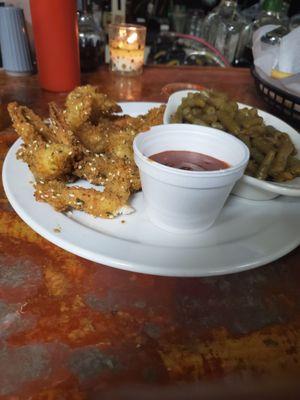 Fried shrimp & seasoned green beans