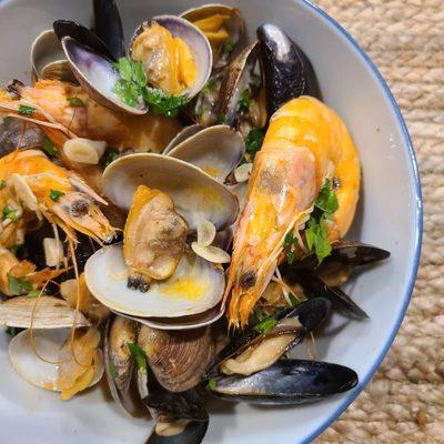 Steamed Mixed Seafood with garlic, butter, parsley, and white wine