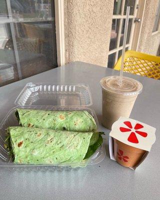 Green Goddess Wrap and Nilly Vanilly smoothie.